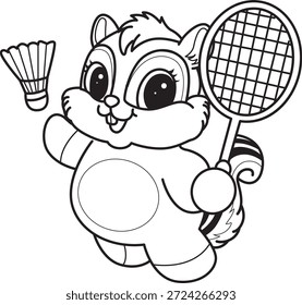 Libro para colorear del icono de la etiqueta engomada de la ardilla linda. Esquema de la ardilla jugando un bádminton