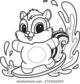 Libro para colorear del icono de la etiqueta engomada de la ardilla linda. Esquema de la ardilla jugando un surf
