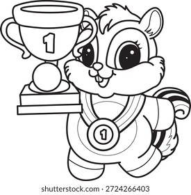 Libro para colorear del icono de la etiqueta engomada de la ardilla linda. Esquema de la ardilla traer un trofeo  