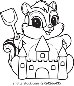 Malbuch des süßen Chipmunk-Aufkleber-Icon. Umriss von Chipmunk beim Spielen einer Sandburg