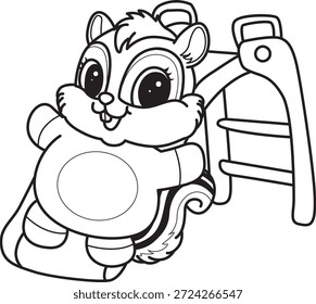 Libro para colorear del icono de la etiqueta engomada de la ardilla linda. Esquema de la ardilla jugando un deslizamiento