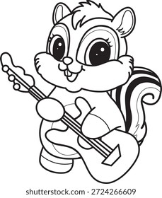 Libro para colorear del icono de la etiqueta engomada de la ardilla linda. Esquema de la ardilla tocando una guitarra 