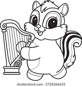 Libro para colorear del icono de la etiqueta engomada de la ardilla linda. Esquema de la ardilla tocando un harpa
