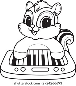 Livro de colorir de ícone de etiqueta Chipmunk bonito. Contorno do esquilo tocando um piano