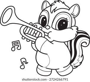 Libro para colorear del icono de la etiqueta engomada de la ardilla linda. Esquema de la ardilla tocando una trompeta