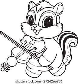 Coloring book of Cute Chipmunk sticker icon. Outline of Chipmunk playing a violin