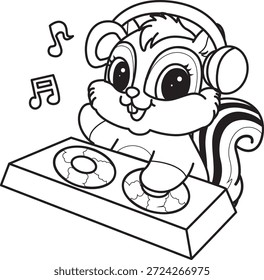 Libro para colorear del icono de la etiqueta engomada de la ardilla linda. Esquema de la ardilla jugando un disco en el club