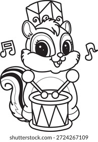 Libro para colorear del icono de la etiqueta engomada de la ardilla linda. Esquema de la ardilla tocando un tambor en el carnaval