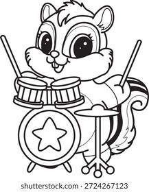 Libro para colorear del icono de la etiqueta engomada de la ardilla linda. Esquema de la ardilla tocando un tambor 