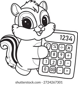 Libro para colorear del icono de la etiqueta engomada de la ardilla linda. Esquema de la ardilla traer una calculadora 