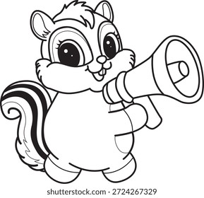 Coloring book of Cute Chipmunk sticker icon. Outline of Chipmunk sounding with loudspeaker