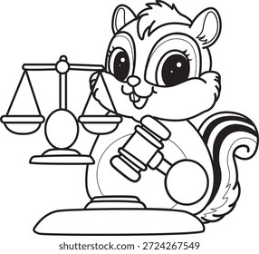 Malbuch des süßen Chipmunk-Aufkleber-Icon. Umriss von Chipmunk bringen einen Hammer und Waage 