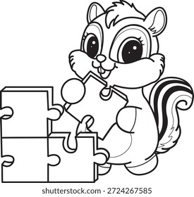 Libro para colorear del icono de la etiqueta engomada de la ardilla linda. Esquema de la ardilla jugando un rompecabezas 