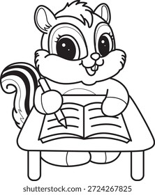 Libro para colorear del icono de la etiqueta engomada de la ardilla linda. Esquema de la escritura de la ardilla en la tabla 