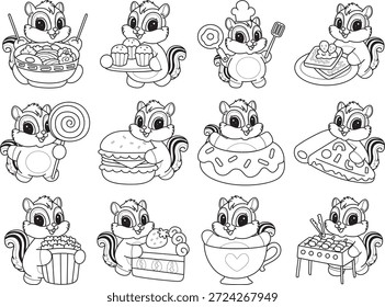 Libro para colorear del icono de la etiqueta engomada de la ardilla linda. Esquema de la ardilla en la variación de la comida rápida y el postre 