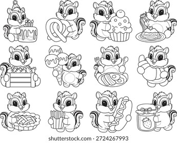 Libro para colorear del icono de la etiqueta engomada de la ardilla linda. Esquema de la ardilla en la variación de la comida chatarra y el tiempo de merienda