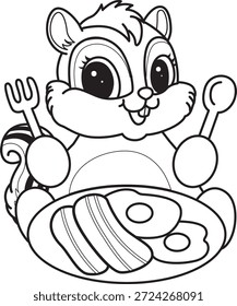 Malbuch des süßen Chipmunk-Aufkleber-Icon. Umriss von Chipmunk wollen Speck und Ei essen 