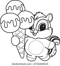Malbuch des süßen Chipmunk-Aufkleber-Icon. Umriss von Chipmunk bringen eine drei Kugeln Eis
