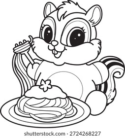 Libro para colorear del icono de la etiqueta engomada de la ardilla linda. Esquema de la ardilla que quiere comer espagueti