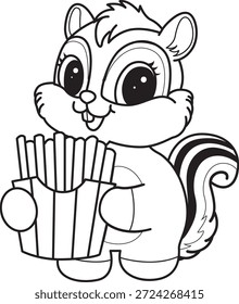 Libro para colorear del icono de la etiqueta engomada de la ardilla linda. Esquema de la ardilla traer papas fritas