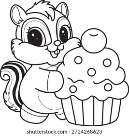 Libro para colorear del icono de la etiqueta engomada de la ardilla linda. El contorno de la ardilla trae un cupcake 
