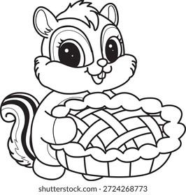 Libro para colorear del icono de la etiqueta engomada de la ardilla linda. Esquema de la ardilla traer un pastel de cereza