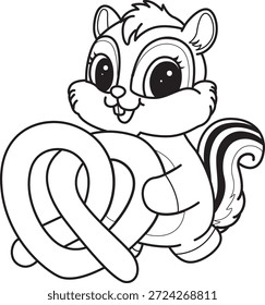 Libro para colorear del icono de la etiqueta engomada de la ardilla linda. Esquema de la ardilla traer un waffle