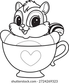 Libro para colorear del icono de la etiqueta engomada de la ardilla linda. Esquema de la ardilla pegada en el té del amor