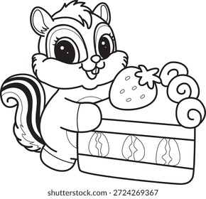 Libro para colorear del icono de la etiqueta engomada de la ardilla linda. Esquema de la ardilla traer un pastel de fresa