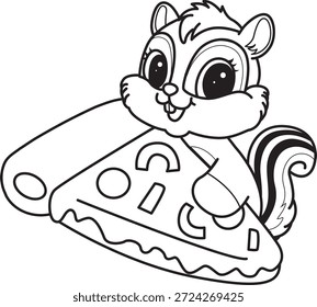 Libro para colorear del icono de la etiqueta engomada de la ardilla linda. Esquema de la ardilla traer una pizza