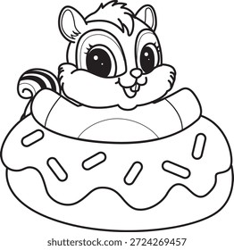 Libro para colorear del icono de la etiqueta engomada de la ardilla linda. Esquema de la ardilla pegada en la rosquilla