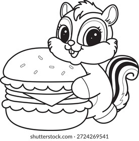 Libro para colorear del icono de la etiqueta engomada de la ardilla linda. Esquema de la ardilla traer una hamburguesa