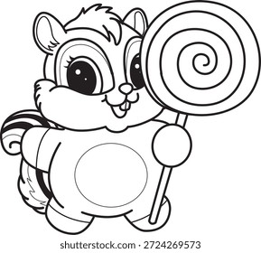 Livro de colorir de ícone de etiqueta Chipmunk bonito. Contorno de Chipmunk trazer um pirulito