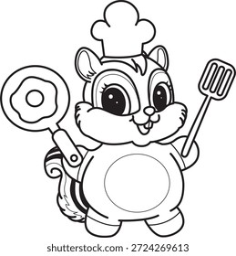 Libro para colorear del icono de la etiqueta engomada de la ardilla linda. Esquema de la ardilla quiere cocinar el huevo