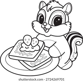 Libro para colorear del icono de la etiqueta engomada de la ardilla linda. Esquema de la ardilla traer un pan de fresa 