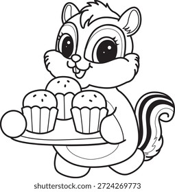 Libro para colorear del icono de la etiqueta engomada de la ardilla linda. El contorno de la ardilla trae un cupcake de tres
