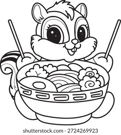 Coloring book of Cute Chipmunk sticker icon. Outline of Chipmunk want to eating ramen