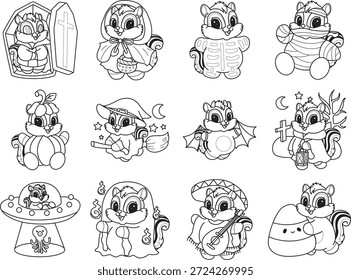 Livro de colorir de chipmunk bonito adesivo halloween ícone. Contorno de Chipmunk na variação da decoração de Halloween