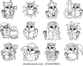 Coloring book of Cute Chipmunk sticker halloween icon. Outline of Chipmunk in the variation of Halloween party