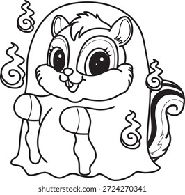 Libro para colorear del icono de Halloween de la etiqueta engomada linda de la ardilla. Esquema de la ardilla con traje de fantasma blanco