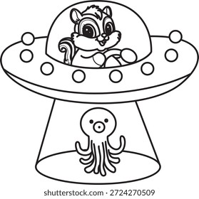 Libro para colorear del icono de Halloween de la etiqueta engomada linda de la ardilla. Esquema de la ardilla conduciendo un alienígena