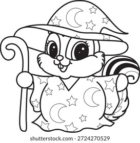 Libro para colorear del icono de Halloween de la etiqueta engomada linda de la ardilla. Esquema de la ardilla con un traje de bruja