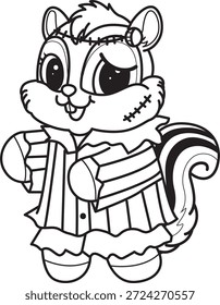 Livro de colorir de chipmunk bonito adesivo halloween ícone. Contorno de Chipmunk vestindo um traje frankenstein