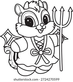 Libro para colorear del icono de Halloween de la etiqueta engomada linda de la ardilla. Esquema de la ardilla con un disfraz de diablo rojo