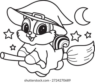 Libro para colorear del icono de Halloween de la etiqueta engomada linda de la ardilla. Esquema de la ardilla bruja volando con palo de escoba 