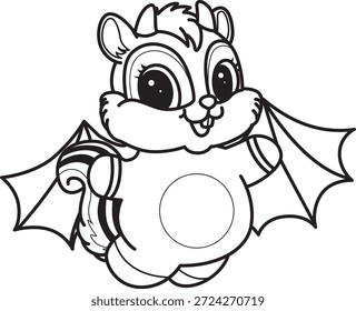 Libro para colorear del icono de Halloween de la etiqueta engomada linda de la ardilla. Esquema de la ardilla con un traje de murciélago