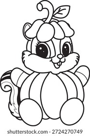 Libro para colorear del icono de Halloween de la etiqueta engomada linda de la ardilla. Esquema de la ardilla con traje de calabaza