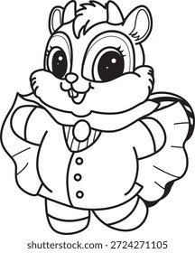 Coloring book of Cute Chipmunk sticker halloween icon. Outline of Chipmunk wearing a vampire costume 