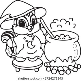 Libro para colorear del icono de Halloween de la etiqueta engomada linda de la ardilla. Esquema de la ardilla con un disfraz de bruja y cocinar una poción 