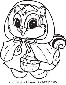 Livro de colorir de chipmunk bonito adesivo halloween ícone. Contorno de Chipmunk vestindo um traje de capuz de equitação vermelho